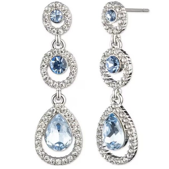 Givenchy Crystal Cut Linear Earrings In Silver & Sapphire New - Picture 1 of 8